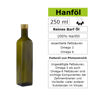 Mit unserem 250 ml Hanföl hast du die ideale Ergänzung an essentiellen Fettsäuren, wichtig für die Gesundheit deines Vierbeiners Mit unserem 250 ml Hanföl hast du die ideale Ergänzung an essentiellen Fettsäuren, wichtig für die Gesundheit deines Vierbeiners